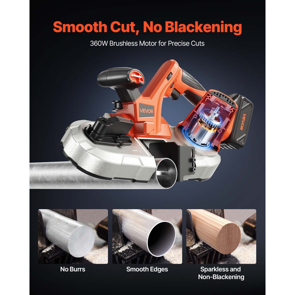 VEVOR 20V Portable Band Saw Kit, 2.56-Inch Deep Cut, AC 110V, 360W Bandsaw with Brushless Motor, 4.0 Ah Battery, Cordless and Compact Portaband, 0-192 m/min Variable Speed, for Cutting Metal, Wood
