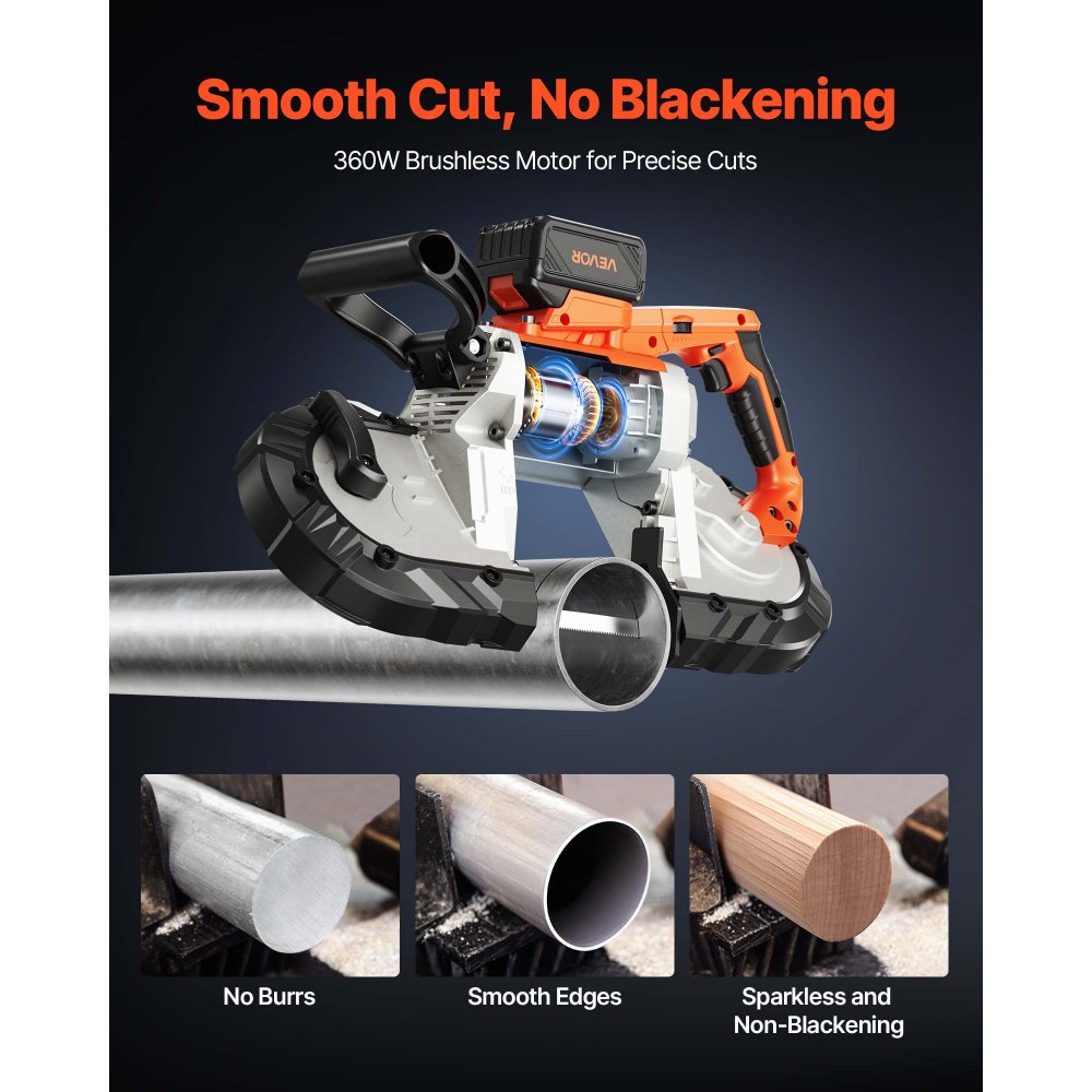 VEVOR 20V Portable Band Saw Kit, 5 Inches Deep Cut, AC 110V, 360W Bandsaw with Brushless Motor, 4.0 Ah Battery, Cordless and Compact Portaband, 0-120 m/min Variable Speed, for Cutting Metal, Wood