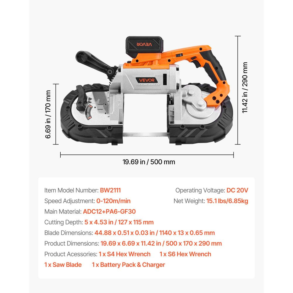 VEVOR 20V Portable Band Saw Kit, 5 Inches Deep Cut, AC 110V, 360W Bandsaw with Brushless Motor, 4.0 Ah Battery, Cordless and Compact Portaband, 0-120 m/min Variable Speed, for Cutting Metal, Wood
