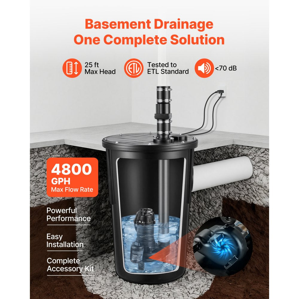 VEVOR Sewage Pump System, 1/2 HP, 4800 GPH Cast Iron Sewage Pump with Basin Kit, 120 Volt, Automatic On/Off Outdoor Water/Seepage Collection and Removal System with Float Switch, 2" Discharge, Black