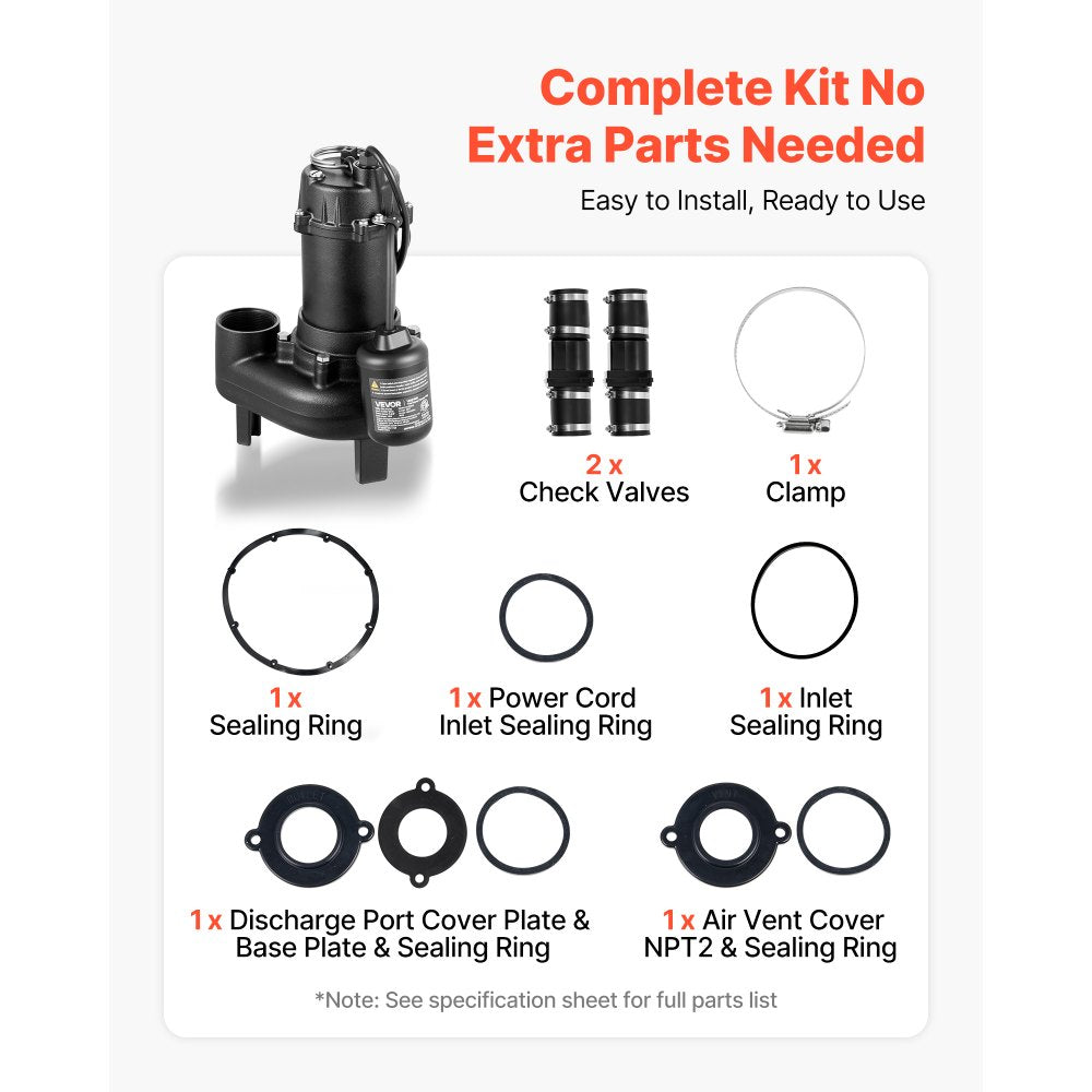 VEVOR Sewage Pump System, 1/2 HP, 4800 GPH Cast Iron Sewage Pump with Basin Kit, 120 Volt, Automatic On/Off Outdoor Water/Seepage Collection and Removal System with Float Switch, 2" Discharge, Black