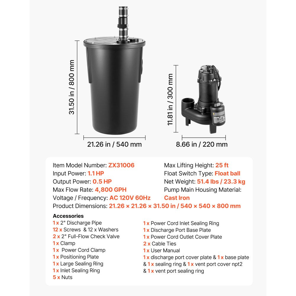 VEVOR Sewage Pump System, 1/2 HP, 4800 GPH Cast Iron Sewage Pump with Basin Kit, 120 Volt, Automatic On/Off Outdoor Water/Seepage Collection and Removal System with Float Switch, 2" Discharge, Black
