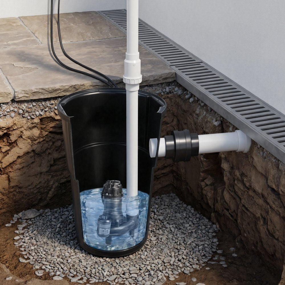 VEVOR Sewage Pump System, 1/2 HP, 4800 GPH Cast Iron Sewage Pump with Basin Kit, 120 Volt, Automatic On/Off Outdoor Water/Seepage Collection and Removal System with Float Switch, 2" Discharge, Black