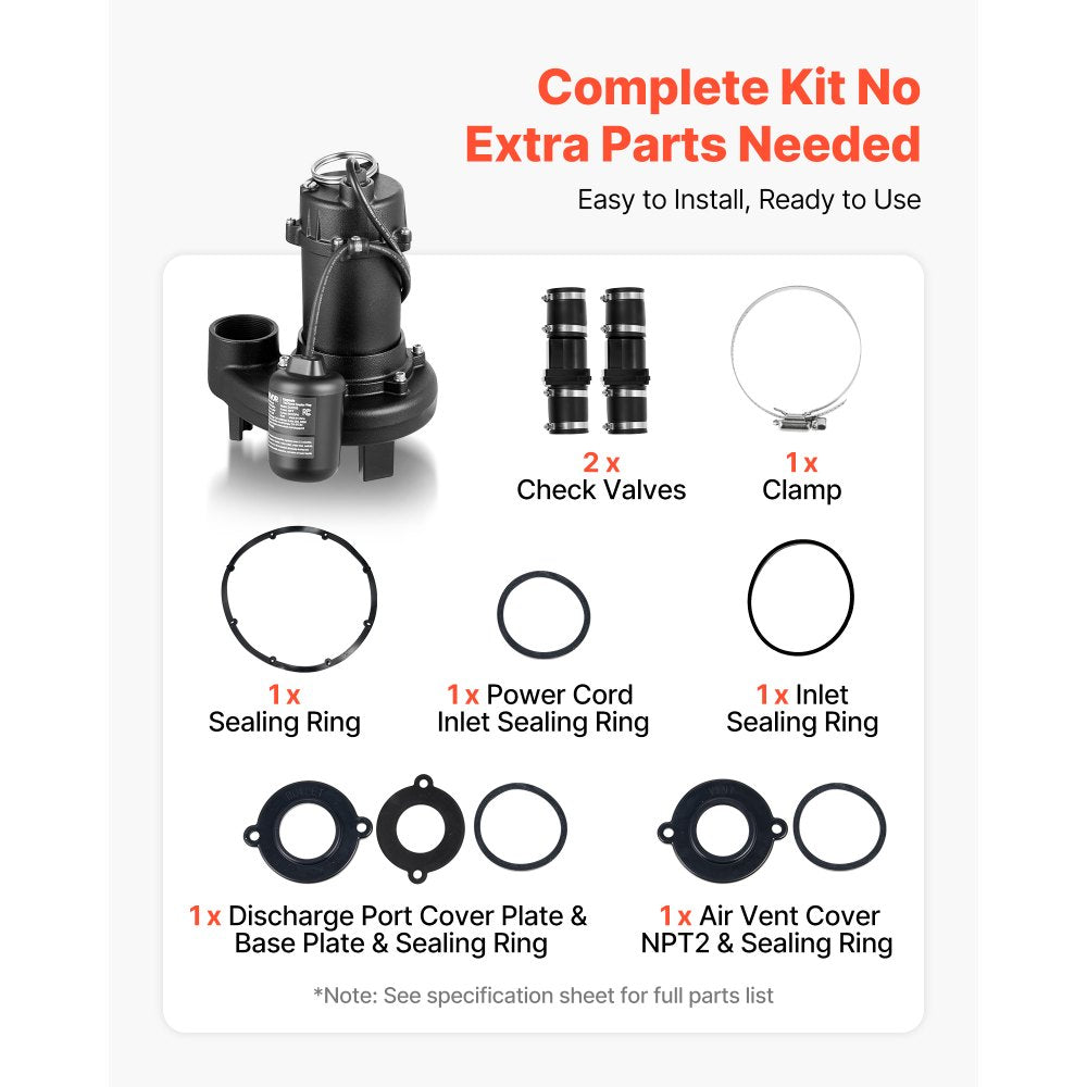 VEVOR Sewage Grinder System, 1 HP, 5100 GPH Cast Iron Sewage Pump with Basin, Grinding Blade, 120V Automatic Outdoor Water/Seepage Collection and Removal System with Float Switch, 2" Discharge, Black