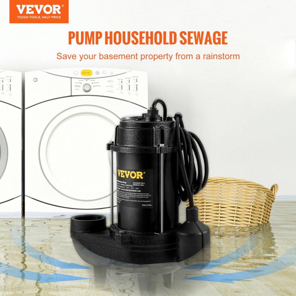 VEVOR Submersible Sewage Pump, 3/4 HP, 5880 GPH, 1050W, Durable Cast Iron, Includes 2" Outlet and 10 ft Piggy-back Float Switch, Ideal for Septic Tanks, Basements