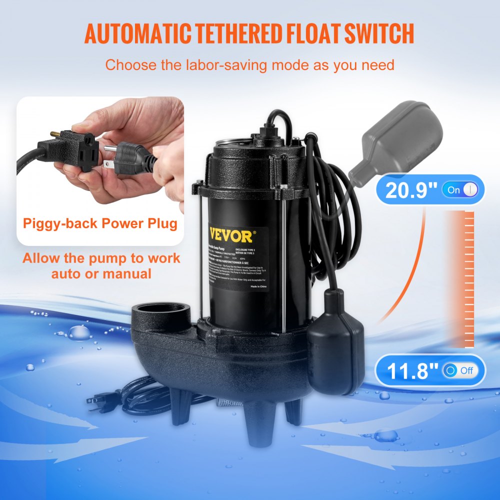 VEVOR Submersible Sewage Pump, 3/4 HP, 5880 GPH, 1050W, Durable Cast Iron, Includes 2" Outlet and 10 ft Piggy-back Float Switch, Ideal for Septic Tanks, Basements