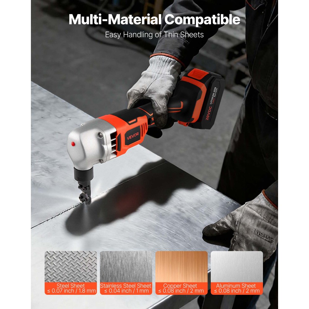 VEVOR Cordless Metal Nibbler, with 18 V 4000 mAh Battery, 1200 RPM Brushless Motor, Electric Nibbler Metal Cutter with Plastic Carrying Case for Cutting Stainless Steel, Aluminum, and Copper Sheet