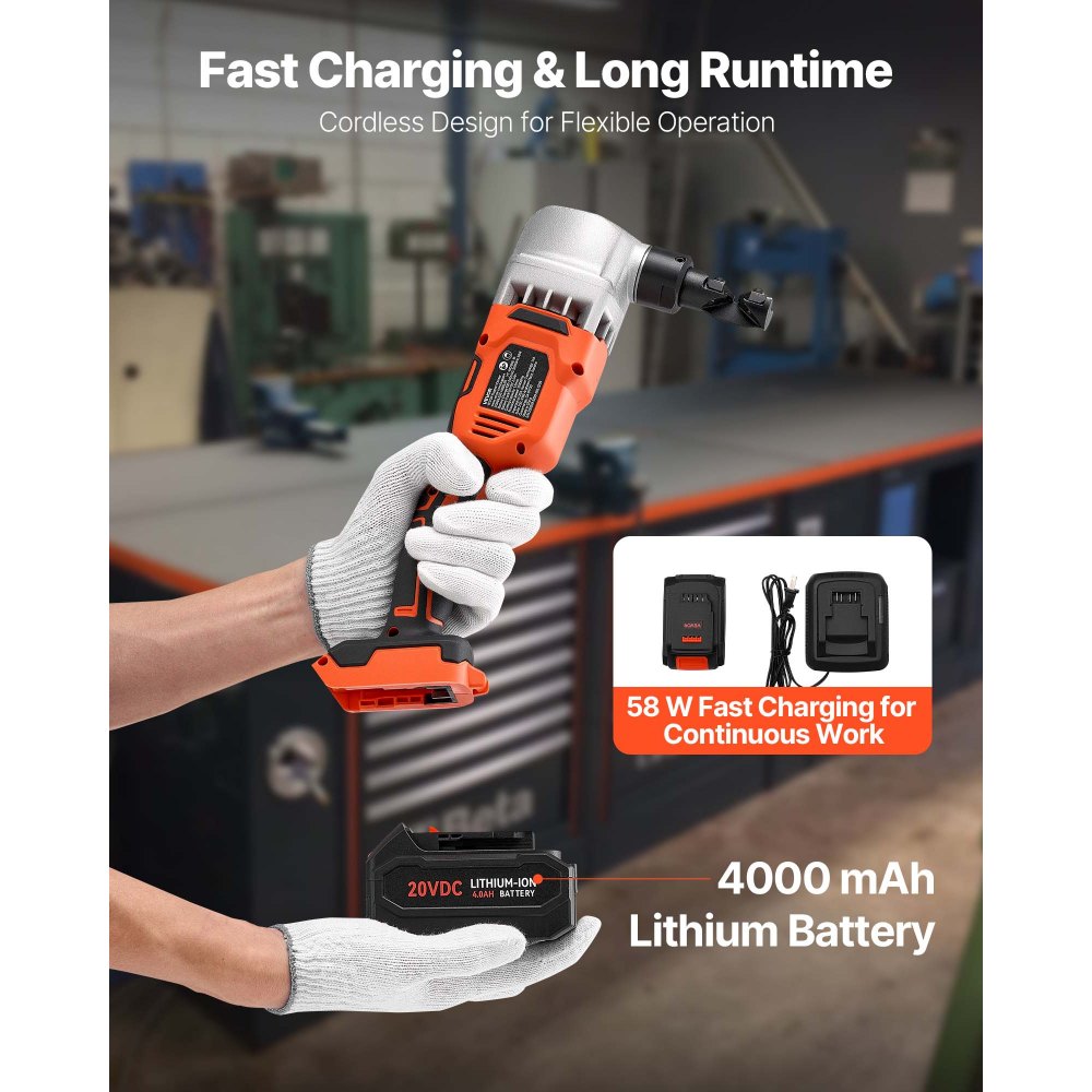 VEVOR Cordless Metal Nibbler, with 18 V 4000 mAh Battery, 1200 RPM Brushless Motor, Electric Nibbler Metal Cutter with Plastic Carrying Case for Cutting Stainless Steel, Aluminum, and Copper Sheet