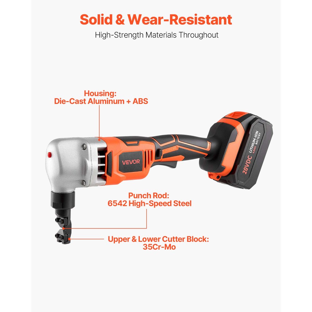 VEVOR Cordless Metal Nibbler, with 18 V 4000 mAh Battery, 1200 RPM Brushless Motor, Electric Nibbler Metal Cutter with Plastic Carrying Case for Cutting Stainless Steel, Aluminum, and Copper Sheet