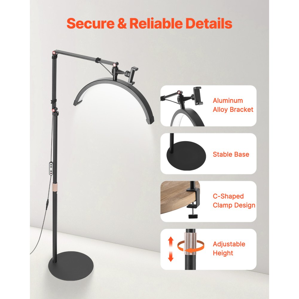 VEVOR Half Moon Light for Esthetician, 2 in 1 LED Floor and Desk Lamp Lash Light for Eyelash Extensions, Arched Eyelash Lamp with Phone Holder, Remote Control, for Beauty, Skincare, Eyebrows, Tattoo