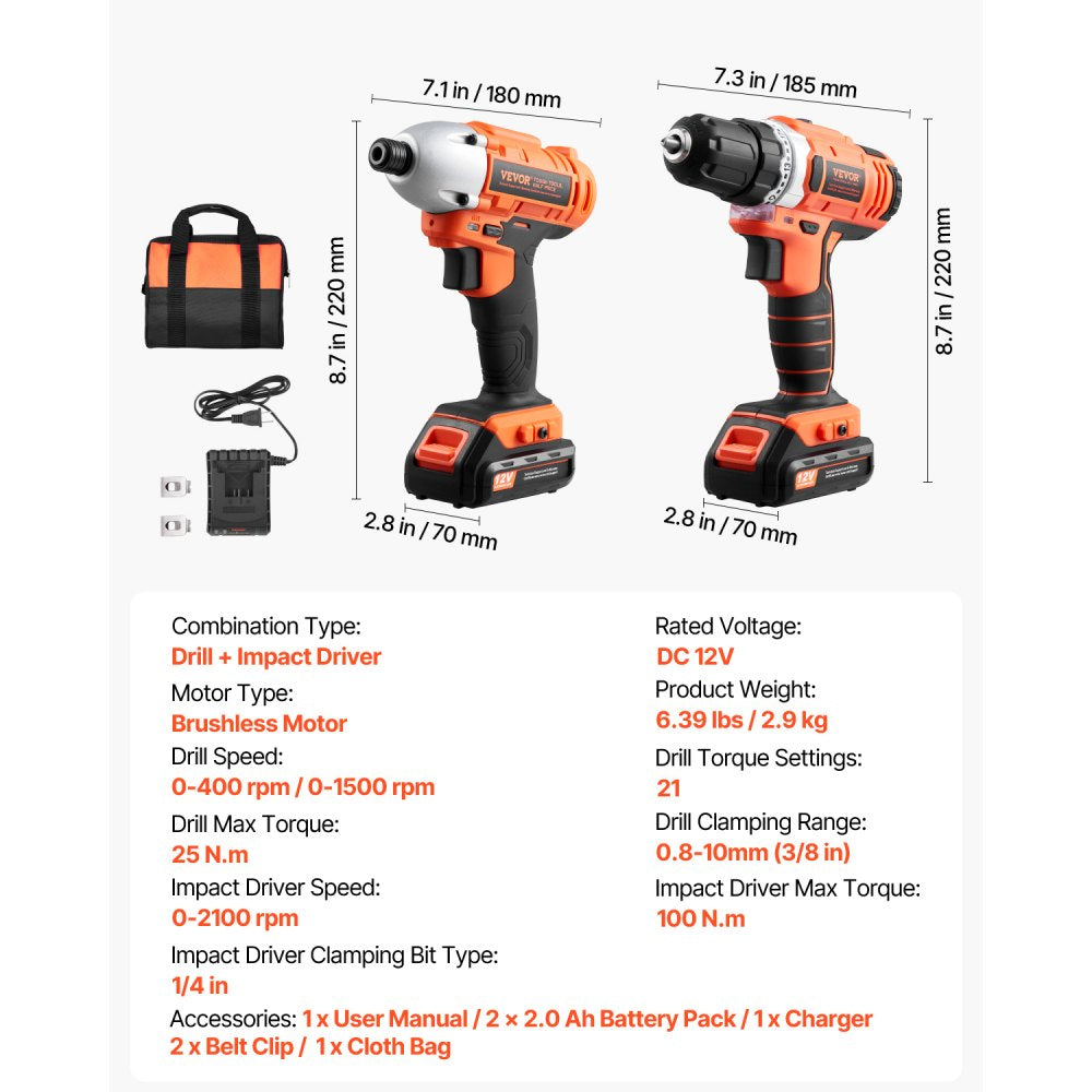 VEVOR Tool Combo Kit, 12V Max Cordless 2-Tool Combo Kit, with 3/8 in Drill, 1/4 in Impact Driver, Compact Cordless Power Tool Combo Kit with 2.0 Ah Batteries, Screws, One Charger, and One Cloth Bag