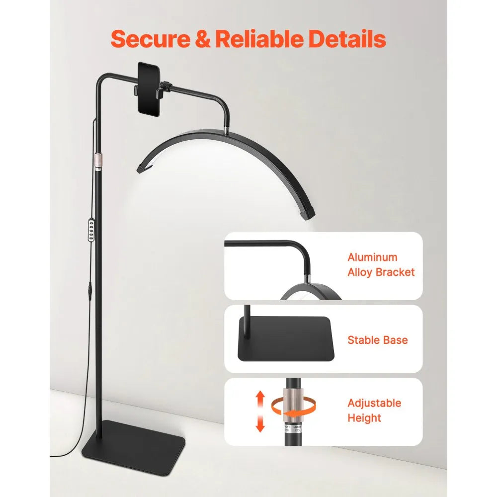 VEVOR Half Moon Light for Esthetician, 23 inch Dimmable LED Floor Lamp Lash Light for Eyelash Extensions, Arched Eyelash Lamp with Phone Holder, Remote Control, for Beauty, Skincare, Eyebrows, Tattoo