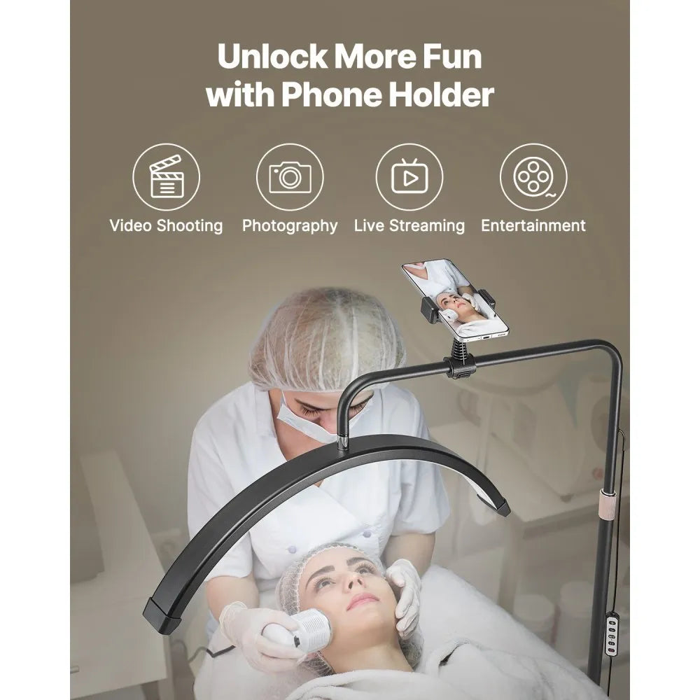 VEVOR Half Moon Light for Esthetician, 23 inch Dimmable LED Floor Lamp Lash Light for Eyelash Extensions, Arched Eyelash Lamp with Phone Holder, Remote Control, for Beauty, Skincare, Eyebrows, Tattoo