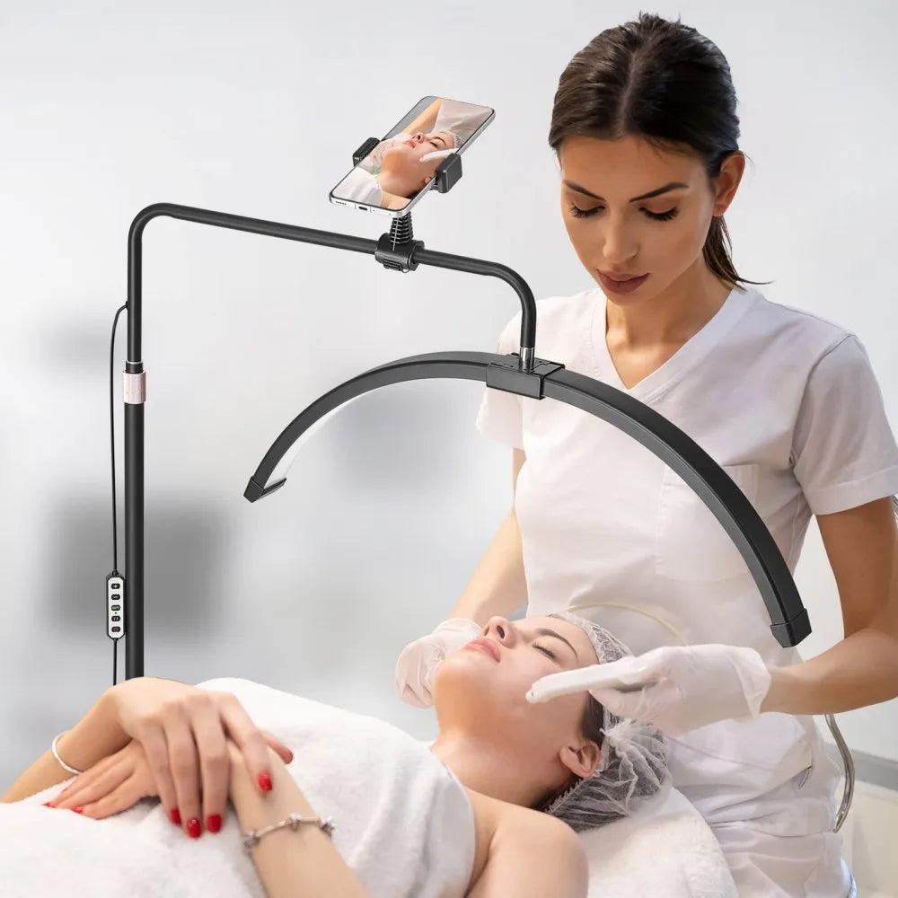 VEVOR Half Moon Light for Esthetician, 26 inch Dimmable LED Floor Lamp Lash Light for Eyelash Extensions, Arched Eyelash Lamp with Phone Holder, Remote Control, for Beauty, Skincare, Eyebrows, Tattoo