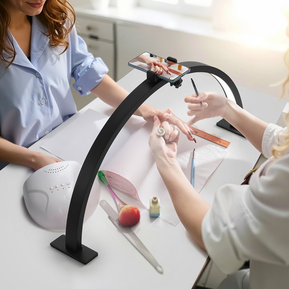 VEVOR Nail Desk Light, 30 W Half Moon Desk Lamp with Phone Holder, Adjustable Brightness and Color Temperature, Arched LED Table Light for Nail Tech, Tattoo Artists, Beauty, Eyelash Extensions
