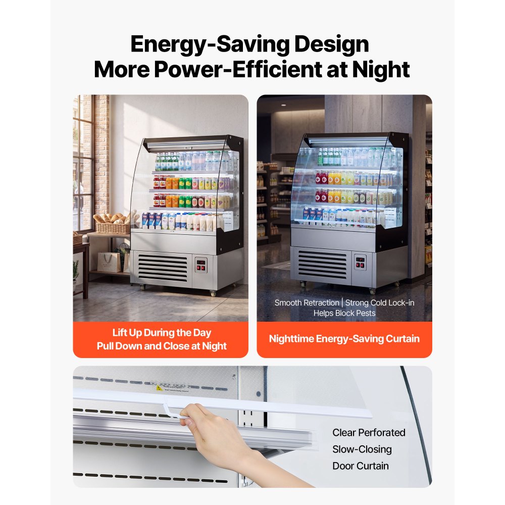 VEVOR Open Air Merchandiser, 5.4 cu. ft. 3-Tier Shelving Commercial Refrigerator, Grab and Go Fan Cooling Display Cooler, with LED Lighting, Night Curtain, Upright for Restaurants, Stores, Office