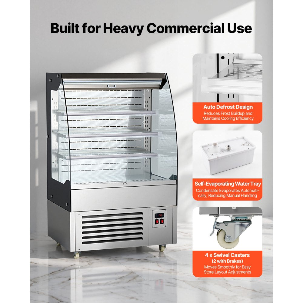 VEVOR Open Air Merchandiser, 5.4 cu. ft. 3-Tier Shelving Commercial Refrigerator, Grab and Go Fan Cooling Display Cooler, with LED Lighting, Night Curtain, Upright for Restaurants, Stores, Office