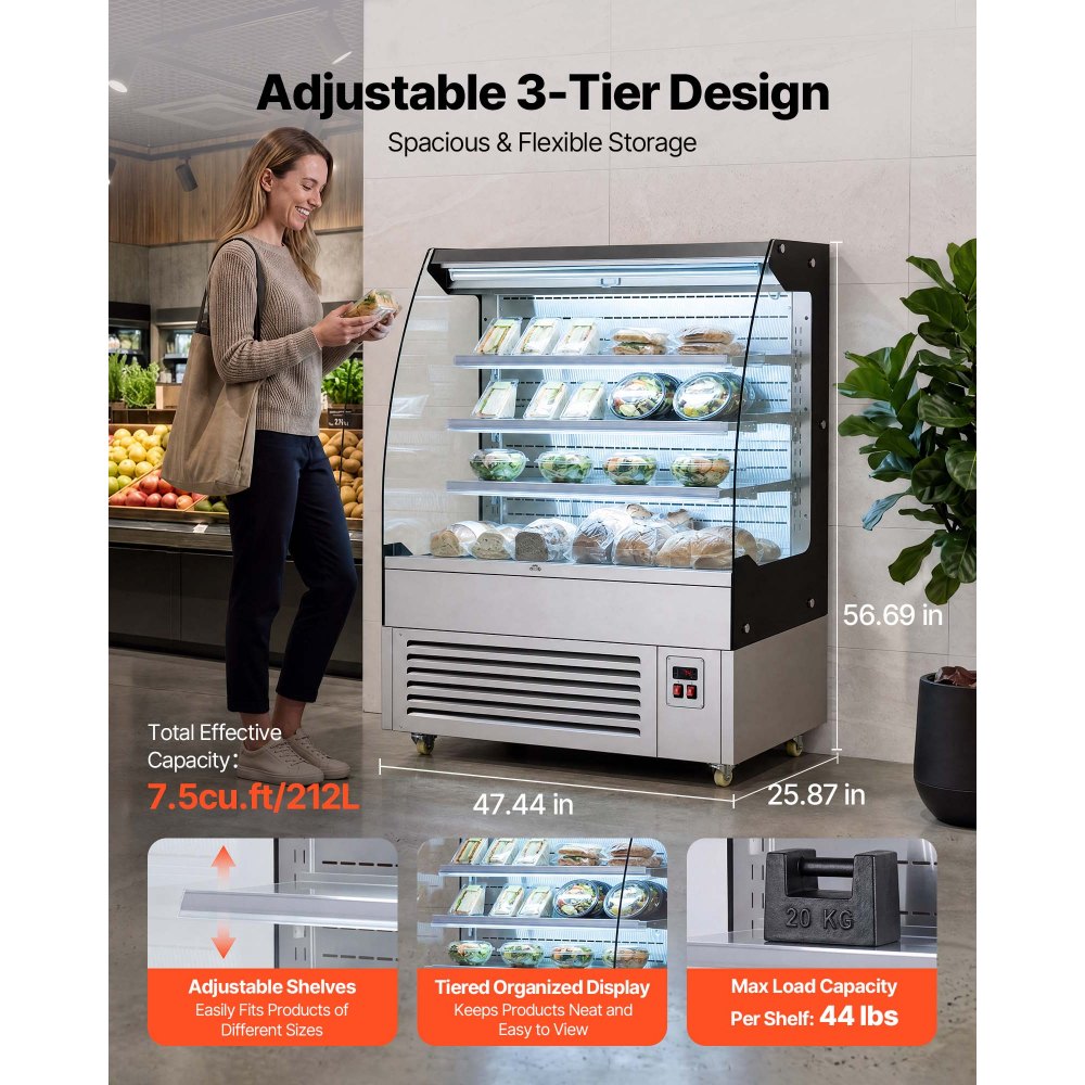 VEVOR Open Air Merchandiser, 7.5 cu. ft. 3-Tier Shelving Commercial Refrigerator, Grab and Go Fan Cooling Display Cooler, with LED Lighting, Night Curtain, Upright for Restaurants, Stores, Office