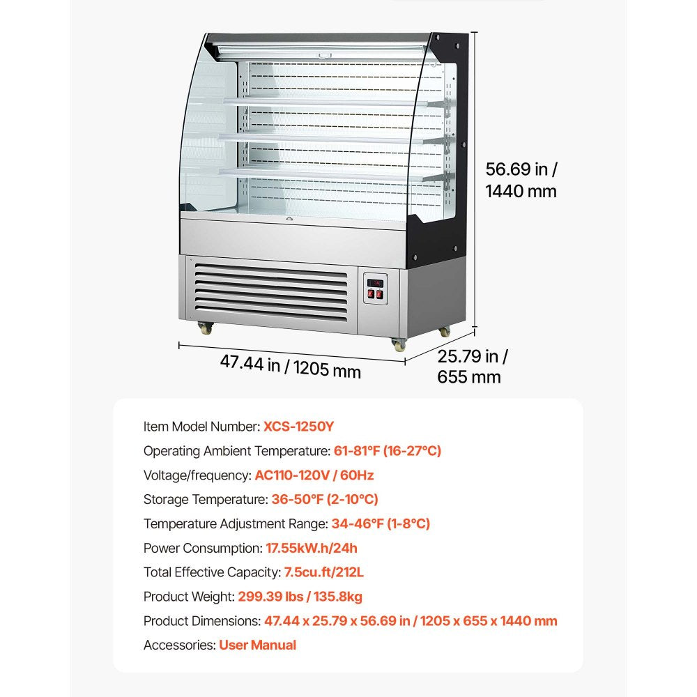 VEVOR Open Air Merchandiser, 7.5 cu. ft. 3-Tier Shelving Commercial Refrigerator, Grab and Go Fan Cooling Display Cooler, with LED Lighting, Night Curtain, Upright for Restaurants, Stores, Office