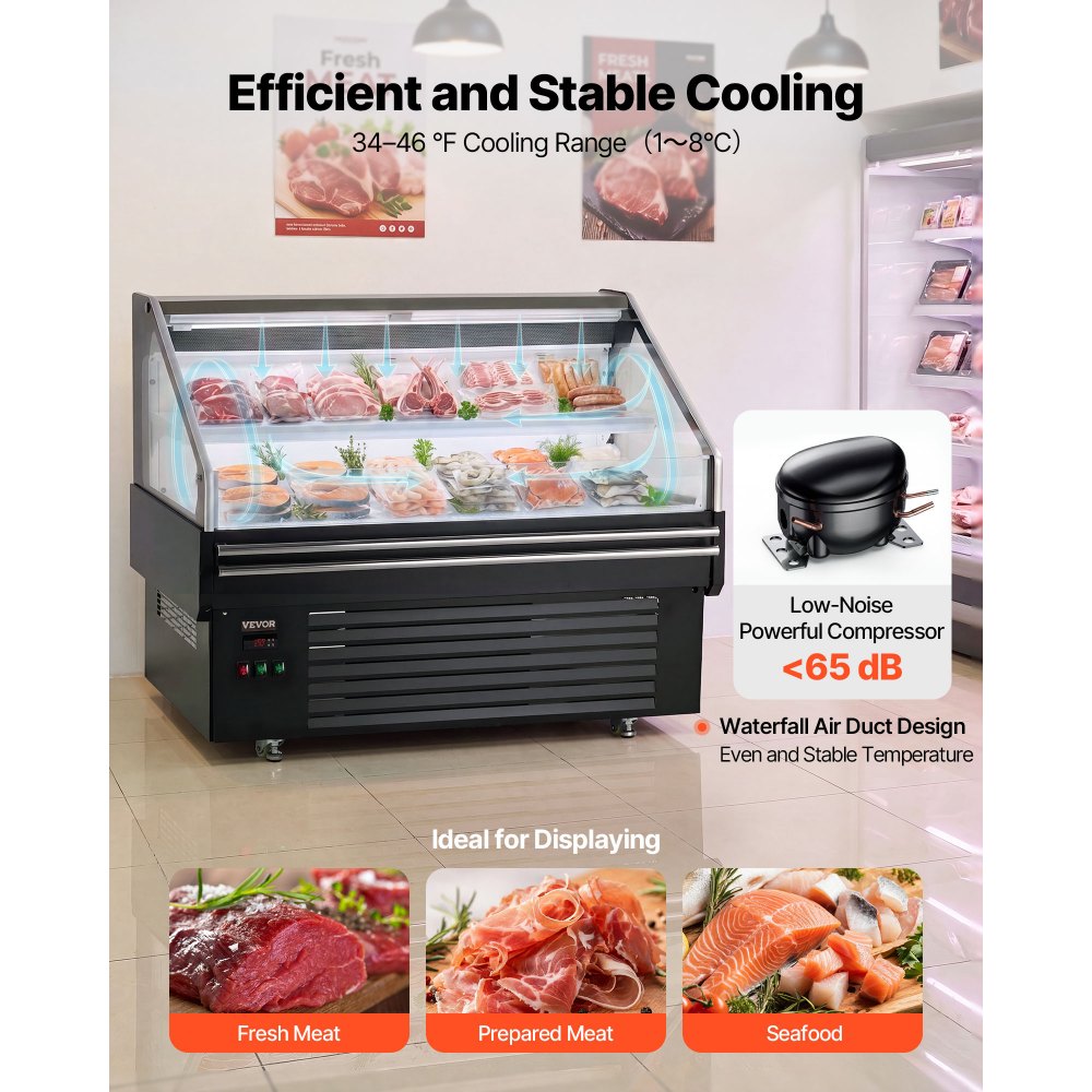 VEVOR Open Air Merchandiser, 4.6 cu. ft. Shelving Commercial Refrigerator, Grab and Go Fan Cooling Display Cooler, with LED Lighting, Night Curtain, Horizontal for Restaurants, Stores, Office