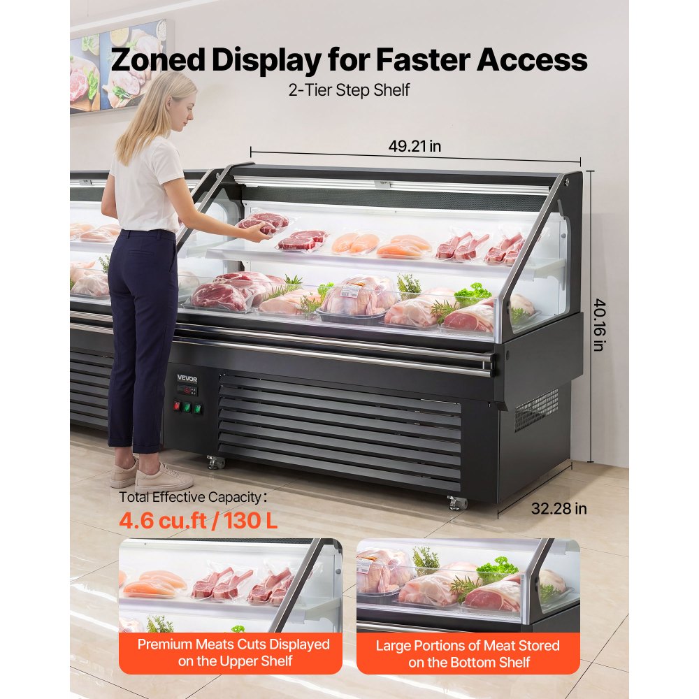 VEVOR Open Air Merchandiser, 4.6 cu. ft. Shelving Commercial Refrigerator, Grab and Go Fan Cooling Display Cooler, with LED Lighting, Night Curtain, Horizontal for Restaurants, Stores, Office