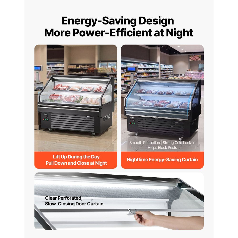 VEVOR Open Air Merchandiser, 4.6 cu. ft. Shelving Commercial Refrigerator, Grab and Go Fan Cooling Display Cooler, with LED Lighting, Night Curtain, Horizontal for Restaurants, Stores, Office
