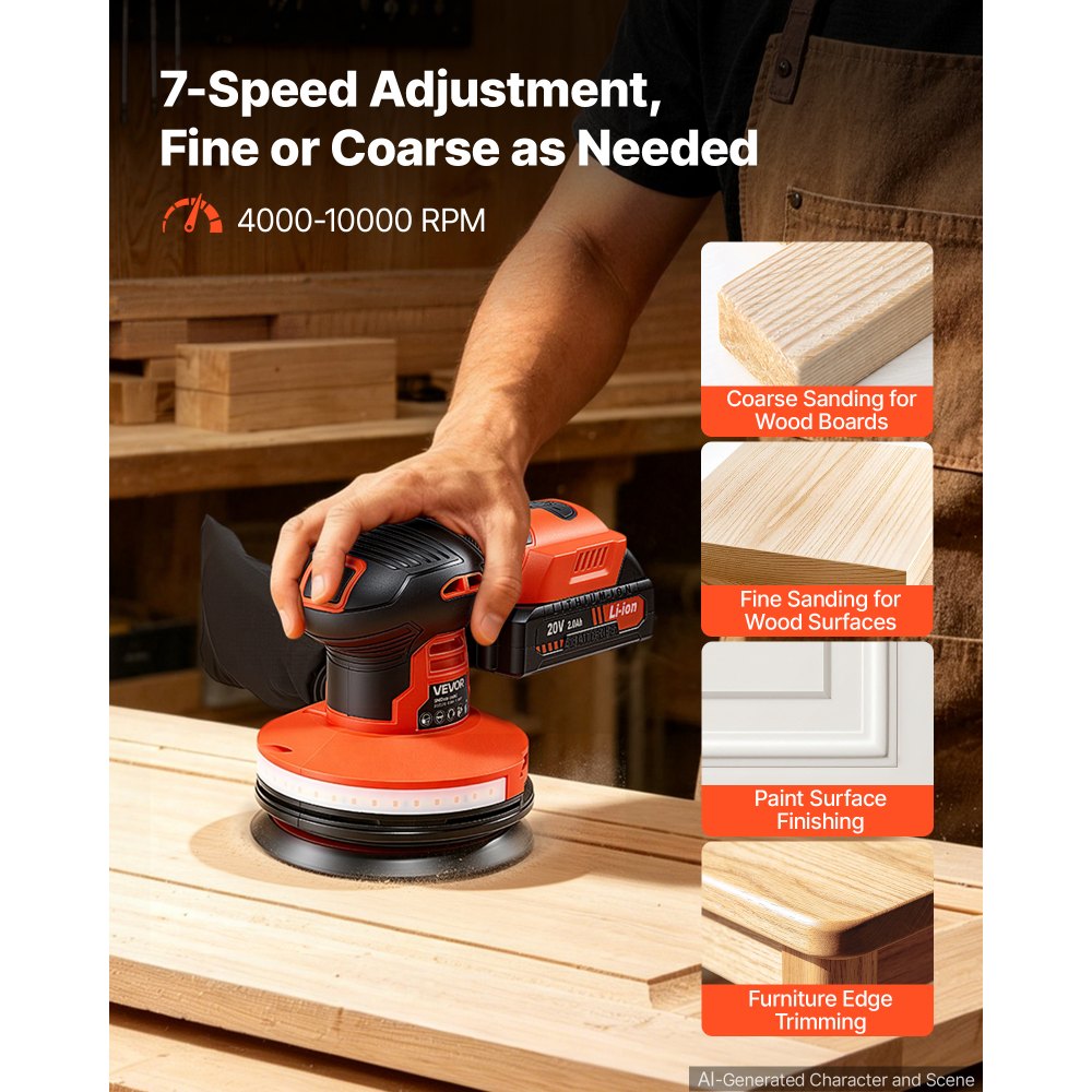 VEVOR 5-Inch Cordless Random Orbital Sander 300W Brushless Orbital Sander, 4000-10000RPM 7 Speeds Electric Palm Sanders with 10PCS Sandpapers & Dust Collection Bag for Woodworking Detailing Sanding
