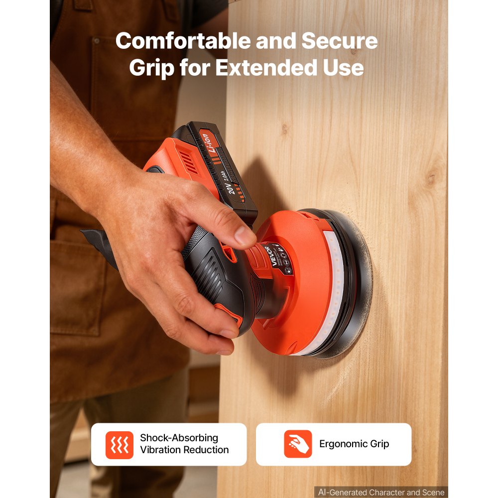 VEVOR 5-Inch Cordless Random Orbital Sander 300W Brushless Orbital Sander, 4000-10000RPM 7 Speeds Electric Palm Sanders with 10PCS Sandpapers & Dust Collection Bag for Woodworking Detailing Sanding