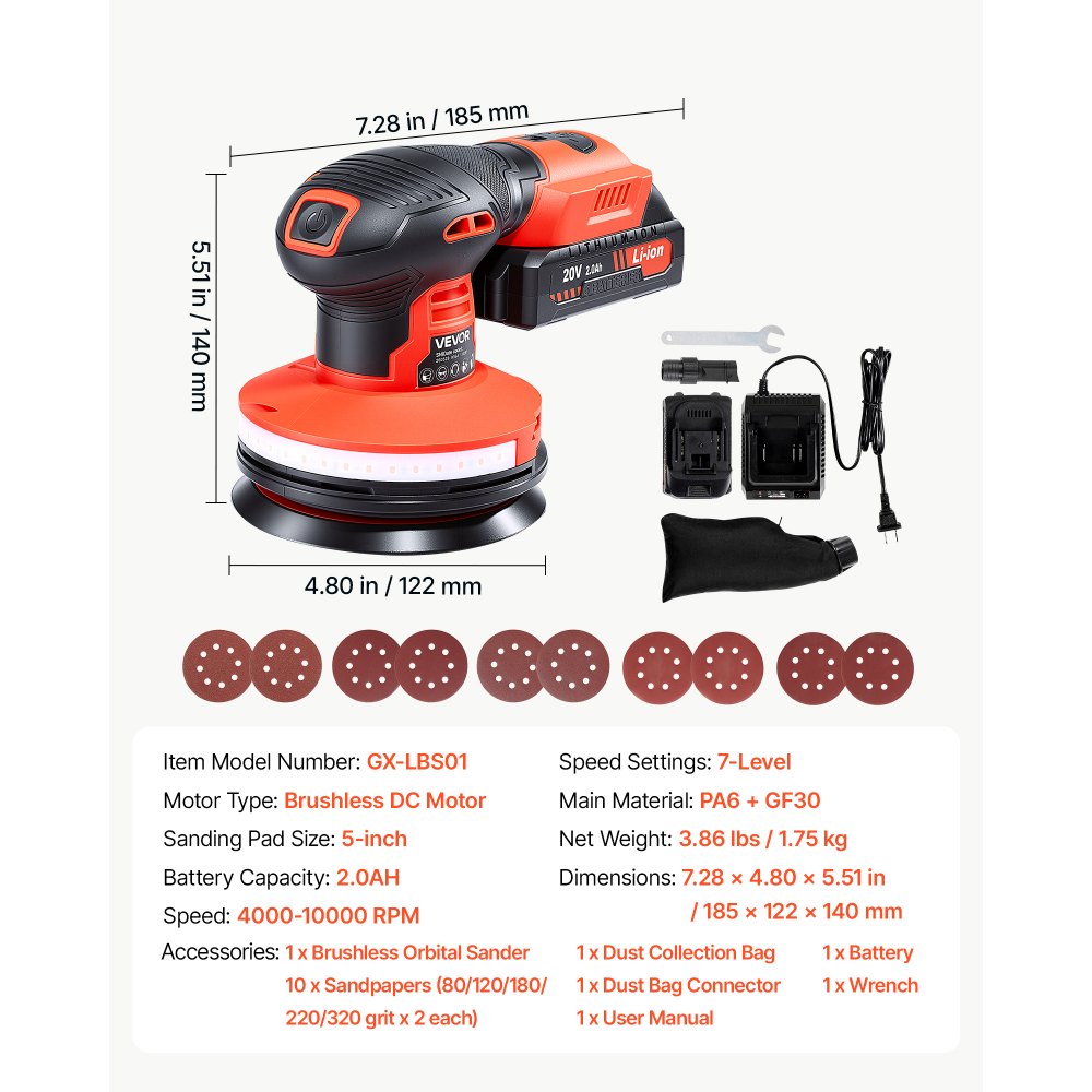 VEVOR 5-Inch Cordless Random Orbital Sander 300W Brushless Orbital Sander, 4000-10000RPM 7 Speeds Electric Palm Sanders with 10PCS Sandpapers & Dust Collection Bag for Woodworking Detailing Sanding