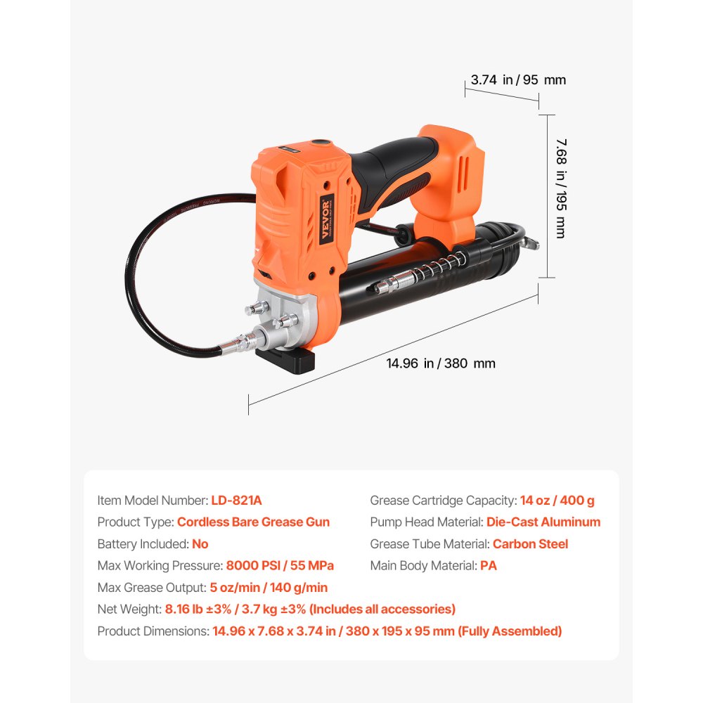 VEVOR Cordless Grease Gun, 8000 PSI Max Pressure, Battery Operated Grease Gun with LED Light & 35.4-inch Long Hose, Compatible with 18V Makita Batteries, For Greasing Vehicles or Machines(Tool Only)