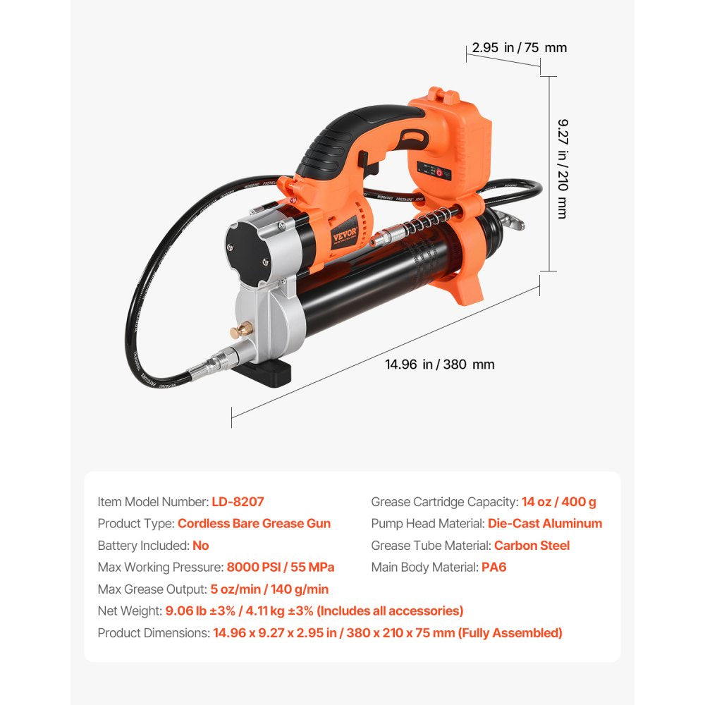 VEVOR Cordless Grease Gun, 8000 PSI Max Pressure, Electric Grease Gun with LED Light & 35.4-inch Long Hose, Compatible with 18V Makita Batteries, Suitable for Greasing Vehicles or Machines(Tool Only)