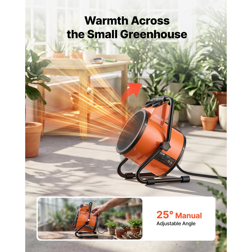 VEVOR Greenhouse Heater, 1500W Electric Space Heater with Thermostat, Heating Tube Element, 25° Adjustable Angle, IPX4 & Overheat Protection, Great for Grow Tent, Greenhouse, Flower Room, Home Office