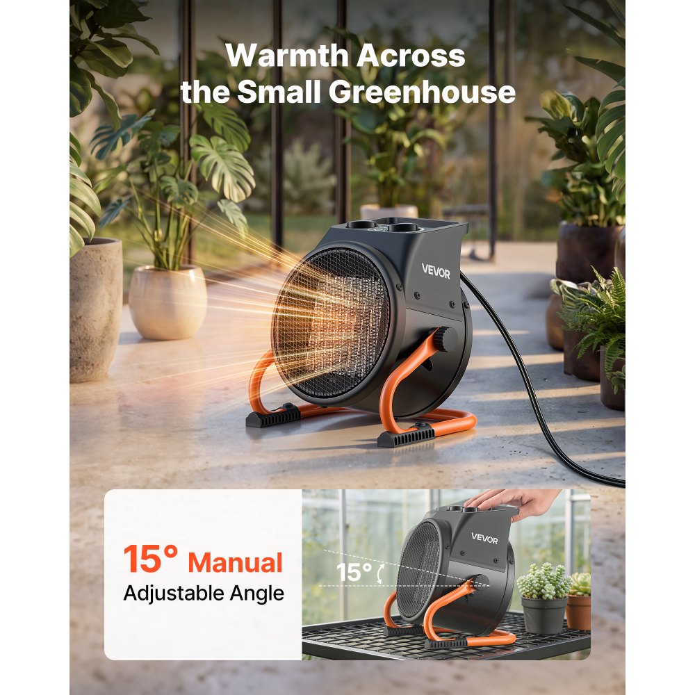 VEVOR Greenhouse Heater, 1500W Electric PTC Space Heater with Thermostat, Fan, Low & High Heat Modes, 15° Adjustable Angle, Overheat Protection, for Grow Tent, Greenhouse, Flower Room, Home Office