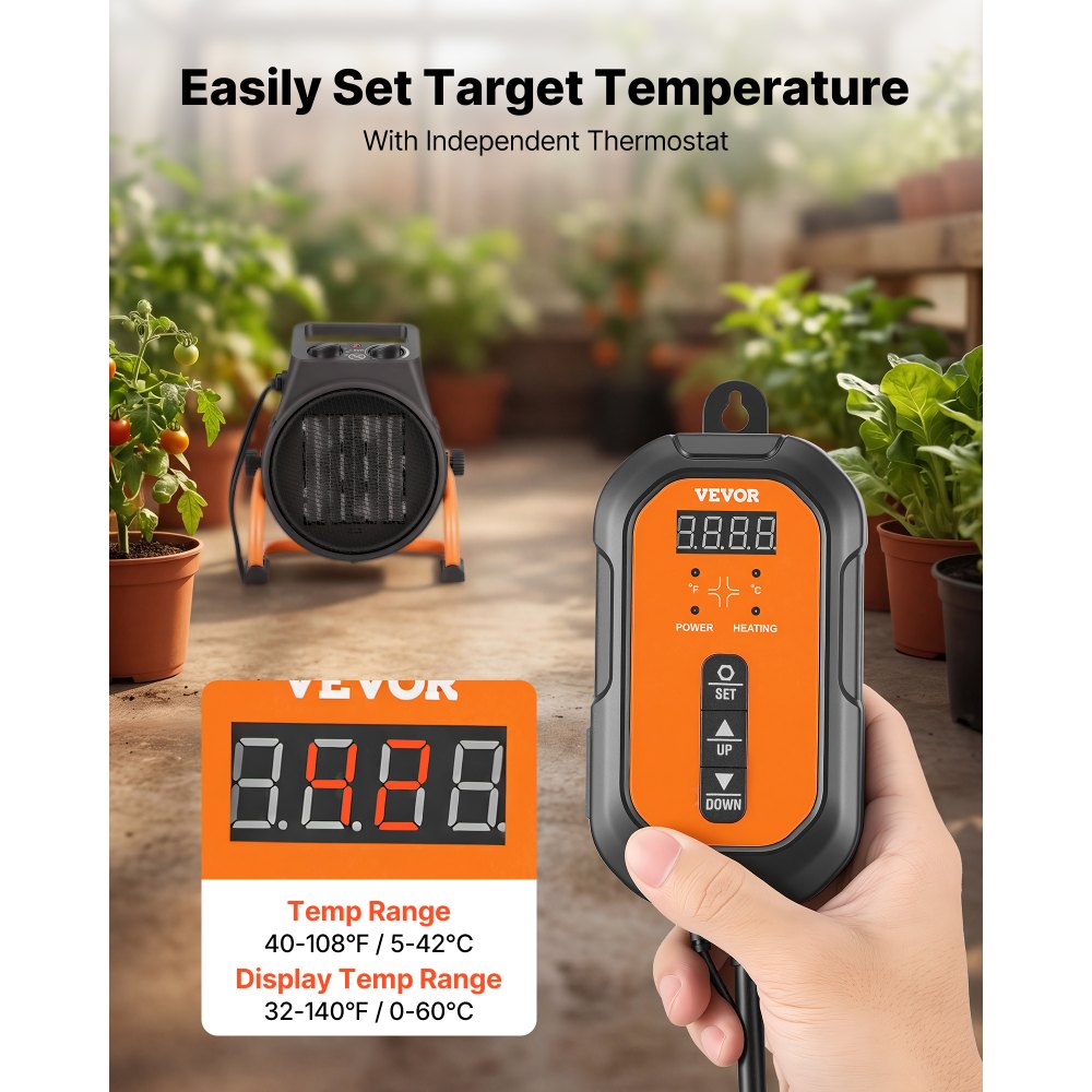 VEVOR Greenhouse Heater, 1500W Electric PTC Space Heater with Thermostat, Fan, Low & High Heat Modes, 15° Adjustable Angle, Overheat Protection, for Grow Tent, Greenhouse, Flower Room, Home Office