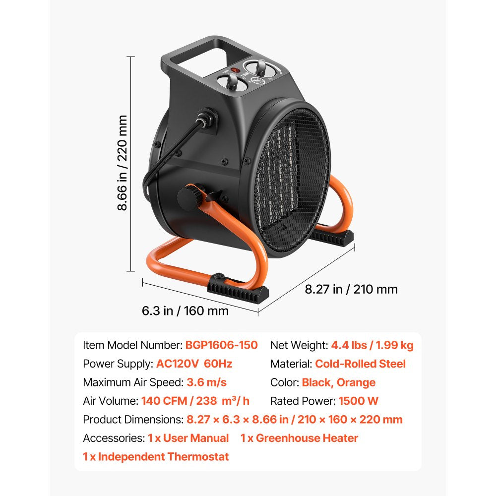 VEVOR Greenhouse Heater, 1500W Electric PTC Space Heater with Thermostat, Fan, Low & High Heat Modes, 15° Adjustable Angle, Overheat Protection, for Grow Tent, Greenhouse, Flower Room, Home Office