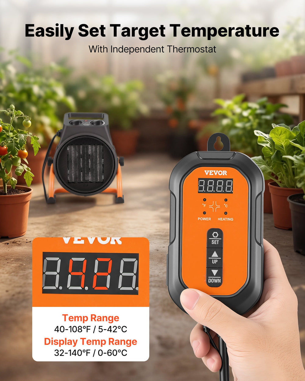 VEVOR Greenhouse Heater, 1500W Electric PTC Space Heater with Thermostat, Fan, Low & High Heat Modes, 15° Adjustable Angle, Overheat Protection, for Grow Tent, Greenhouse, Flower Room, Home Office