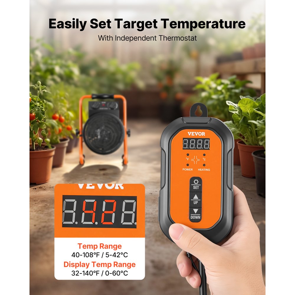 VEVOR Greenhouse Heater, 1500W Electric Space Heater with Thermostat, Fan & High Heat Modes, 25° Adjustable Angle, IPX4 & Overheat Protection, for Grow Tent, Greenhouse, Flower Room, Home Office