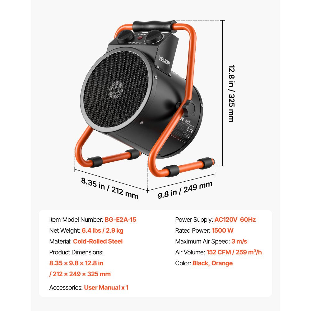 VEVOR Greenhouse Heater, 1500W Electric Space Heater with Fan & High Heat Modes, IPX4 Protection, 25° Adjustable Angle, Overheat Protection, for Grow Tent, Small Greenhouse, Flower Room, Home Office