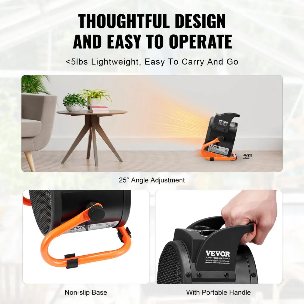 VEVOR Greenhouse Heater, 1500W PTC Fast Heating with Overheat Protection, 3-Speed Setting Small Grow Tent Heater, Electric Portable Heater Fan for Green House, Flower Room, Workplace