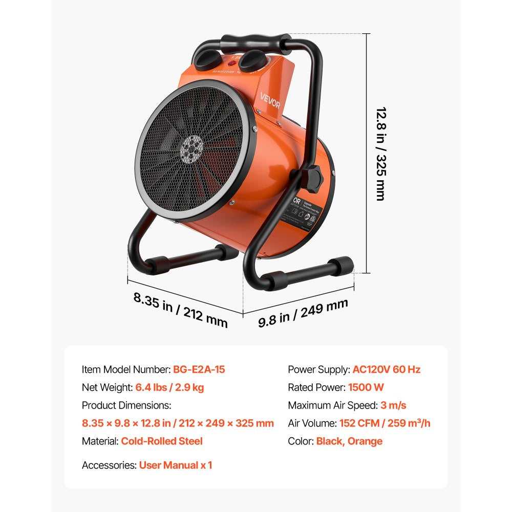 VEVOR Greenhouse Heater, 1500W Electric Space Heater with Fan & High Heat Modes, IPX4 Protection, 25° Adjustable Angle, Overheat Protection, for Grow Tent, Small Greenhouse, Flower Room, Home Office