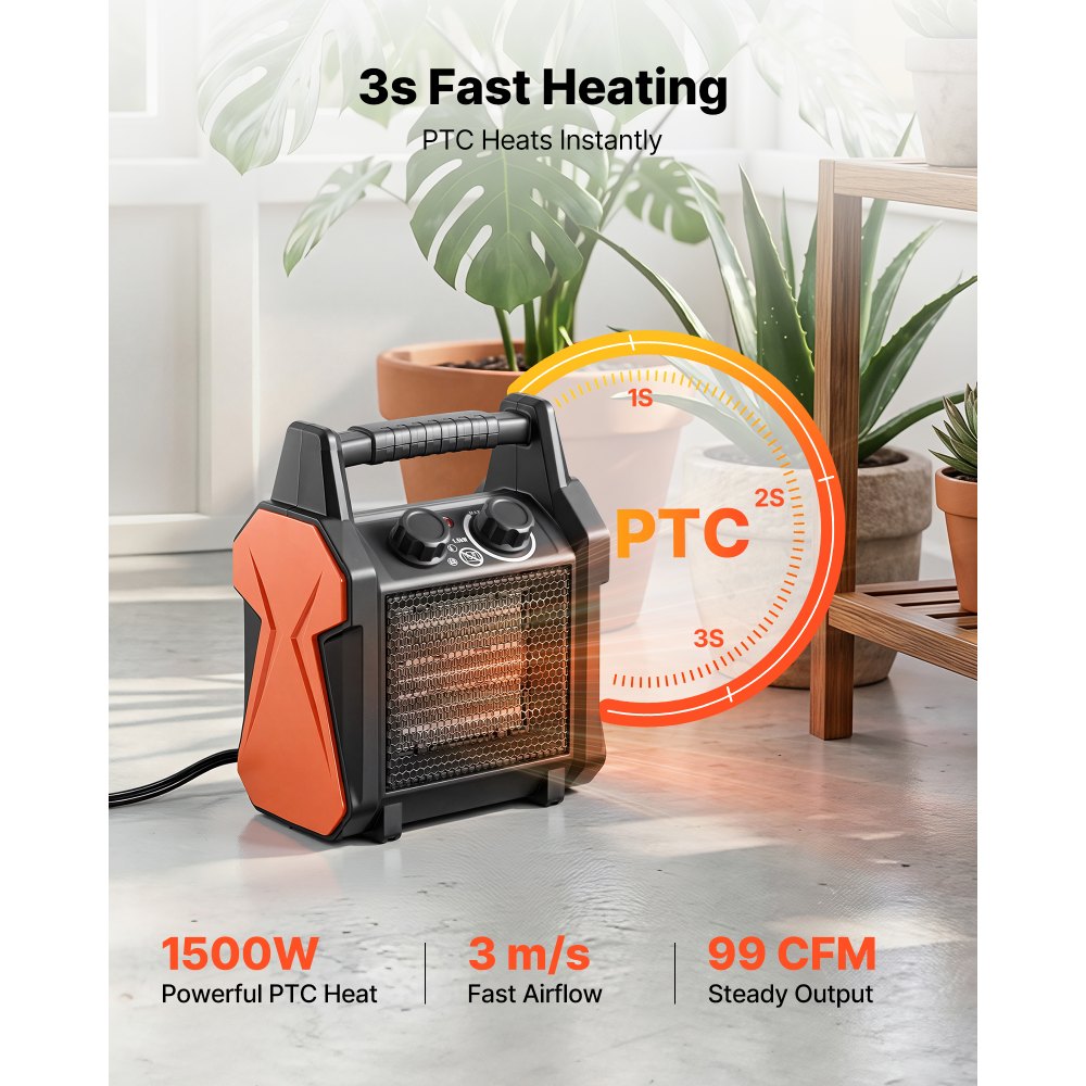 VEVOR Greenhouse Heater, 1500W Electric PTC Space Heater with Fan, Low & High Heat Modes, Overheat Protection, Tip-Over Shut-Off, Portable for Grow Tent, Small Greenhouse, Flower Room, Home Office