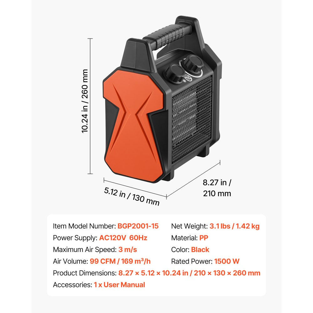 VEVOR Greenhouse Heater, 1500W Electric PTC Space Heater with Fan, Low & High Heat Modes, Overheat Protection, Tip-Over Shut-Off, Portable for Grow Tent, Small Greenhouse, Flower Room, Home Office