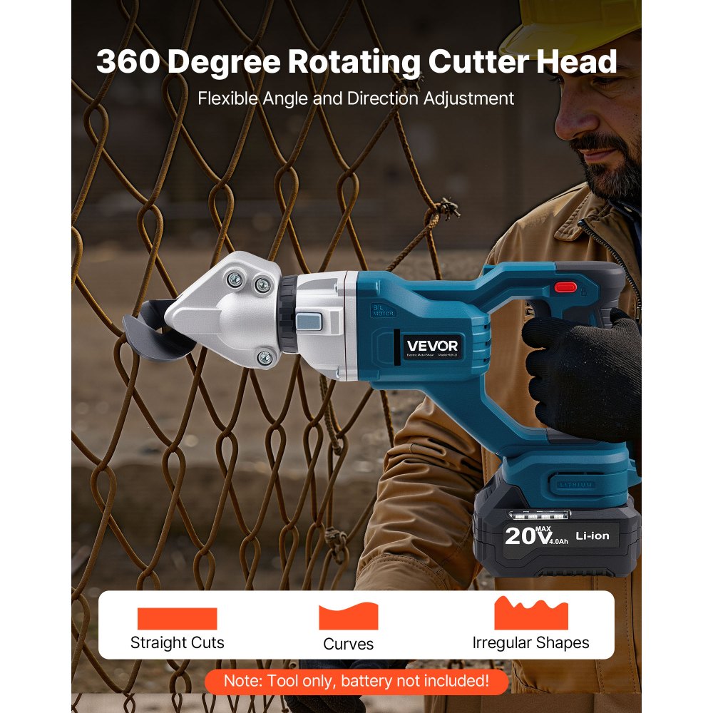 VEVOR Metal Shear, Sheet Metal Cutter Cordless with 360-Degree Pivoting Head, Double Blades, 25000 RPM Speed, Cuts 18 GA Galvanized Steel, 20 GA Stainless Steel, Aluminum Plate, Plastic, Cardboard