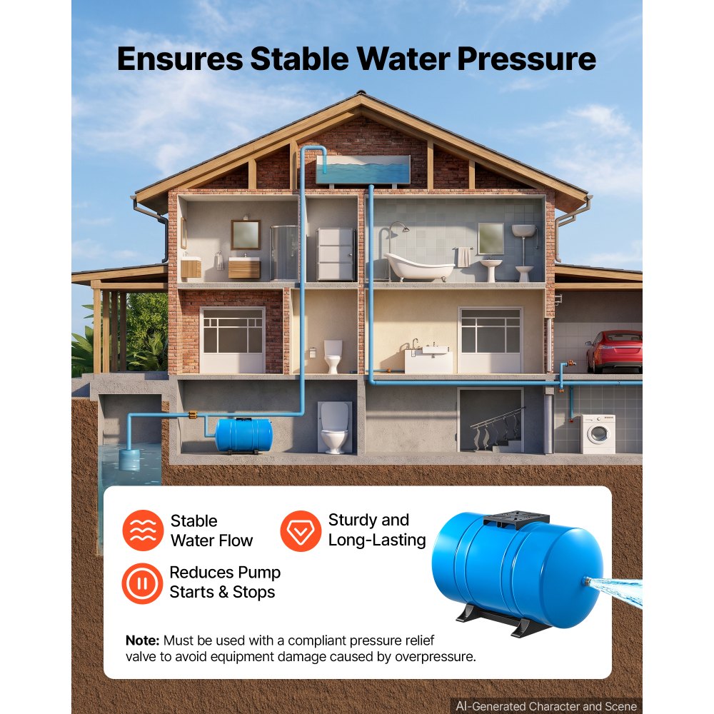 VEVOR 20-Gallon Horizontal Well Pressure Tank, Pre-Charged Pressurized Water Tank for Well Pumps, Heavy-Duty Carbon Steel Water Storage Container for Home, School, Farm & Irrigation Systems