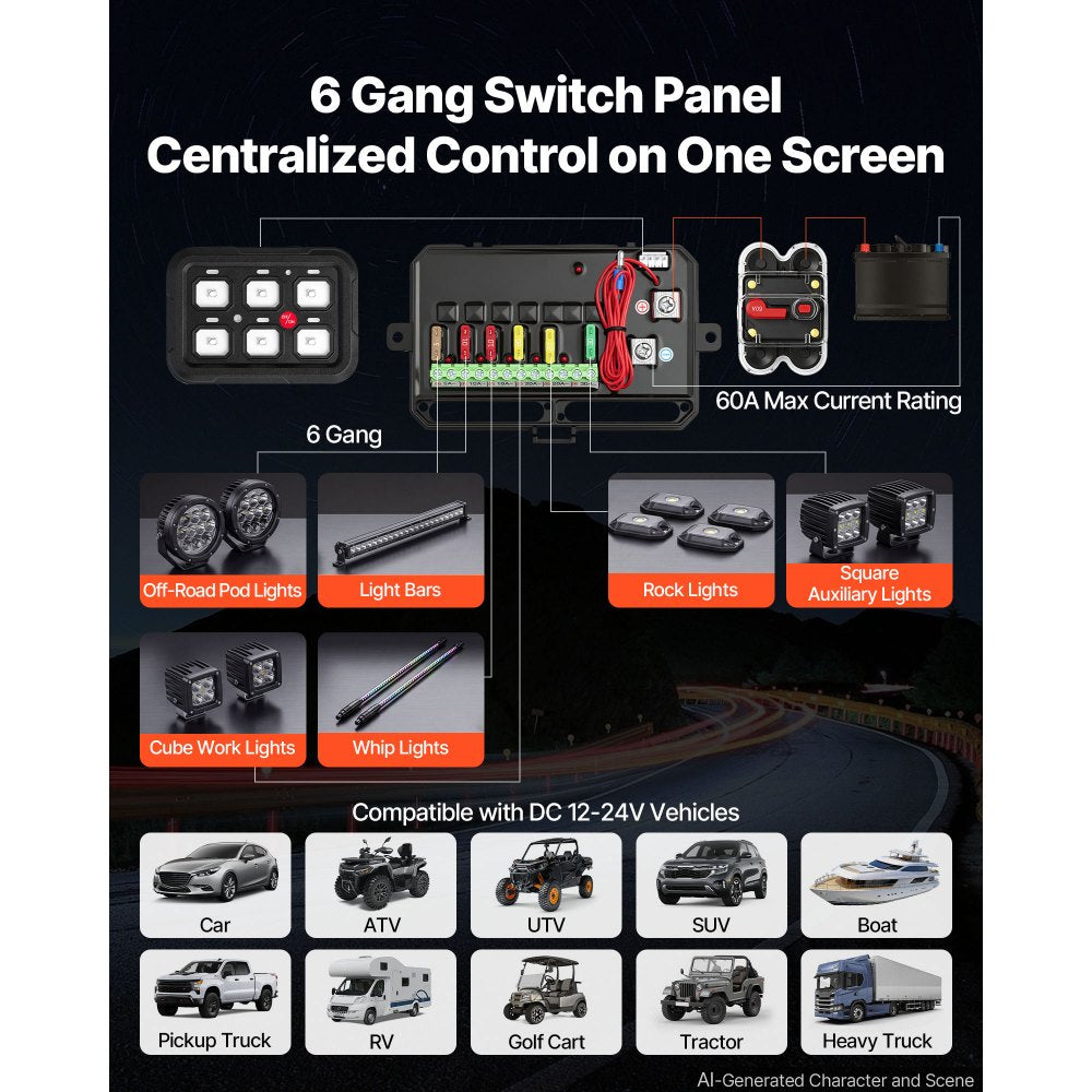VEVOR 6 Gang Switch Panel RGB Circuit Control Box Backlight Auto-Dimmable, for 12-24V Car Truck Boat ATV UTV SUV, Toggle Momentary Strobe 3 Mode, 1440W 60A, Multifunctional Relay System, Waterproof