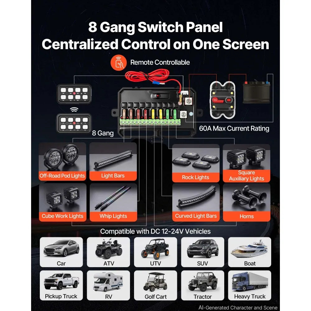 VEVOR 8 Gang Switch Panel Circuit Control Wireless Remote Up to 165 ft, for 12-24V Car Truck Pickup Boat UTV SUV, RGB Auto-Dimmable with Toggle Momentary Strobe, 1440W 60A Relay System, Waterproof