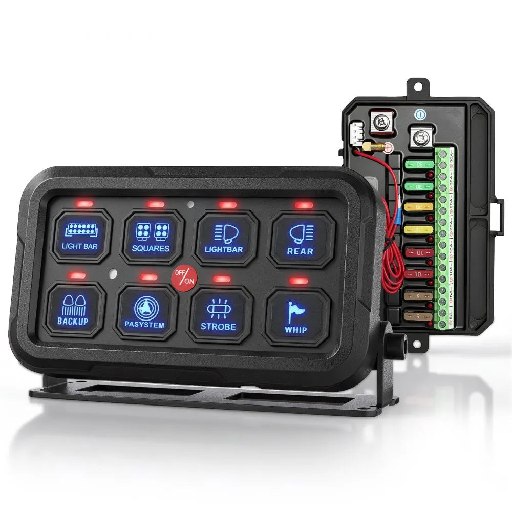 VEVOR 8 Gang Switch Panel Circuit Control Wireless Remote Up to 165 ft, for 12-24V Car Truck Pickup Boat UTV SUV, RGB Auto-Dimmable with Toggle Momentary Strobe, 1440W 60A Relay System, Waterproof