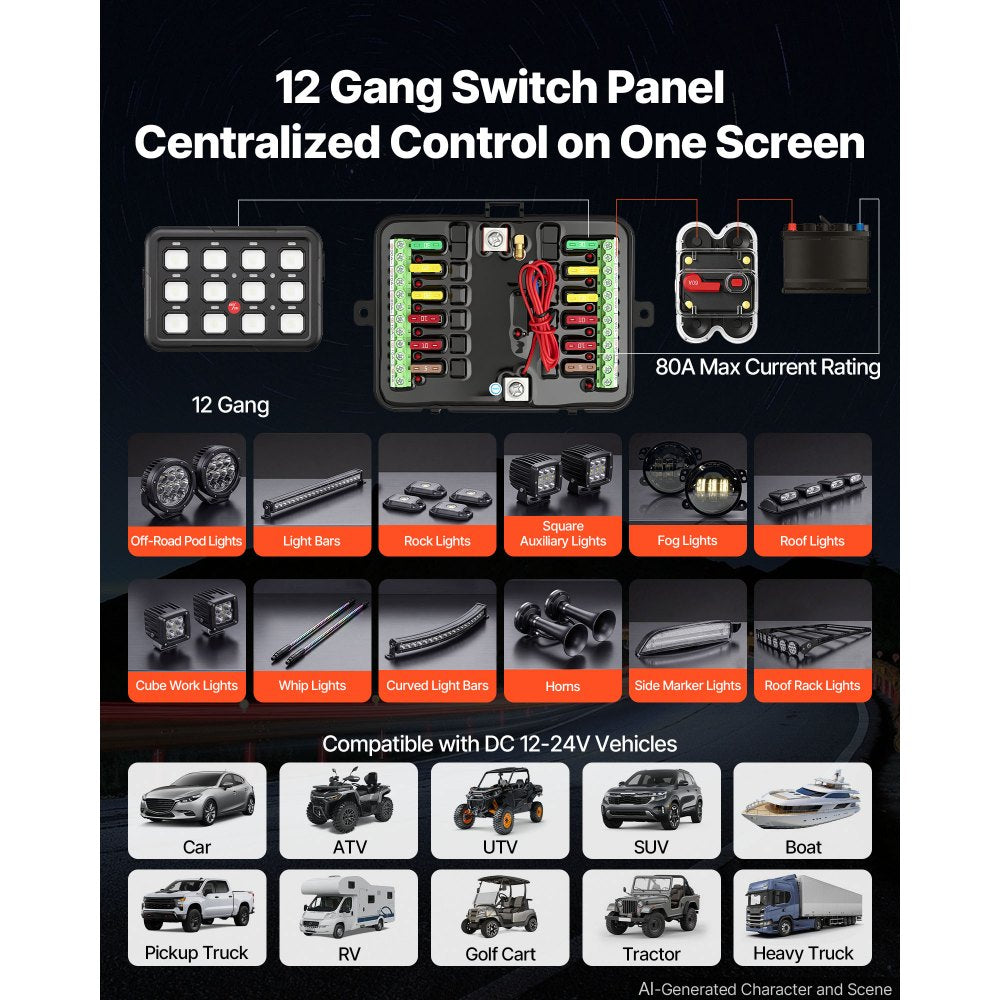 VEVOR 12 Gang Wireless Switch Panel Circuit Control 165 ft Remote Range, for 12-24V Car Truck Pickup Boat UTV SUV, RGB Auto-Dimmable, Toggle Momentary Strobe, 1920W 80A Relay System, Waterproof