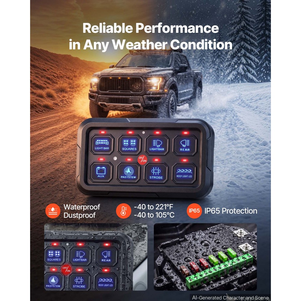 VEVOR 8 Gang Switch Panel RGB Circuit Control Box Backlight Auto-Dimmable, for 12-24V Car Truck Boat ATV UTV SUV, Toggle Momentary Strobe 3 Mode, 1440W 60A, Multifunctional Relay System, Waterproof