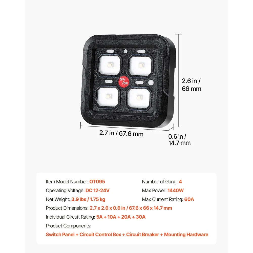 VEVOR 4 Gang Switch Panel RGB Circuit Control Box Backlight Auto-Dimmable, for 12-24V Car Truck Boat ATV UTV SUV, Toggle Momentary Strobe 3 Mode, 1440W 60A, Multifunctional Relay System, Waterproof